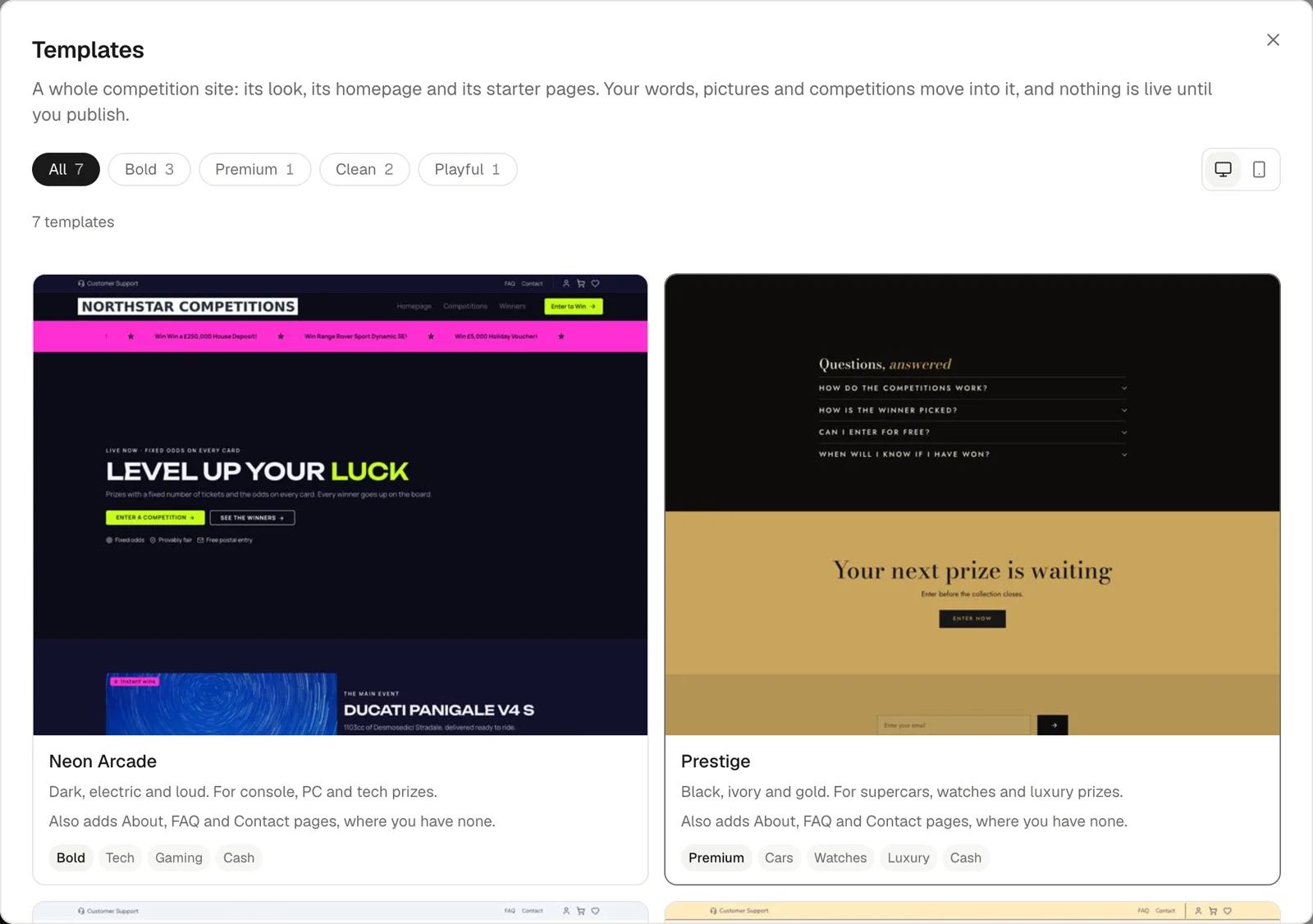 The template gallery in the website editor, showing the Neon Arcade and Prestige templates